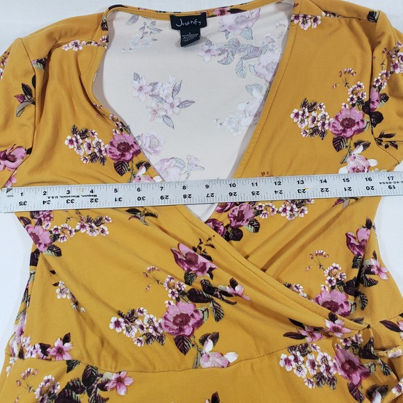 Justify Floral Wrap Dress, Long Sleeve, V-Neck, Mustard Yellow, Bohemian, Large - Picture 3 of 4